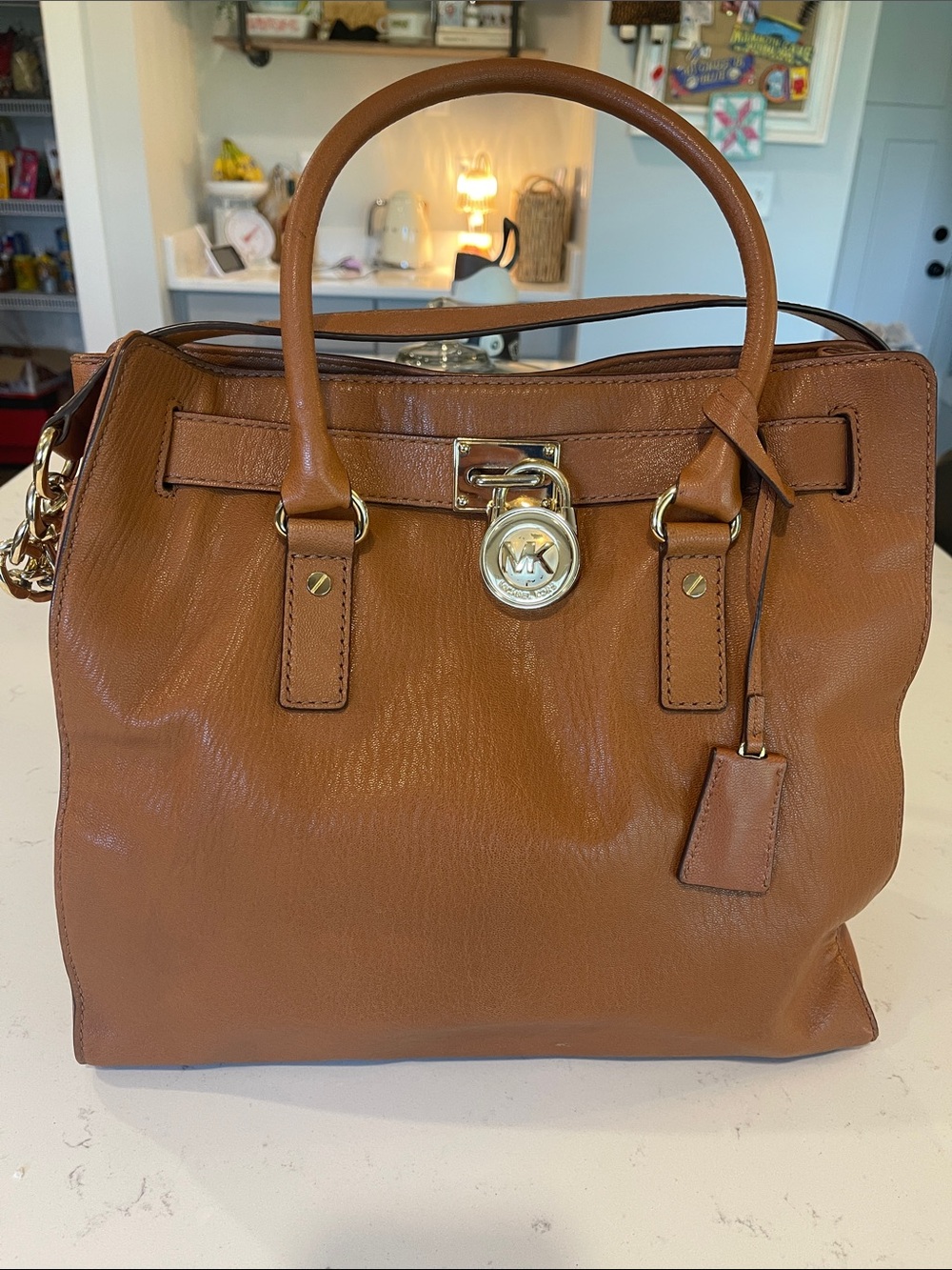 Michael Kors Tan Hamilton Leather Satchel Gold-Tone Details Chunky Chain
